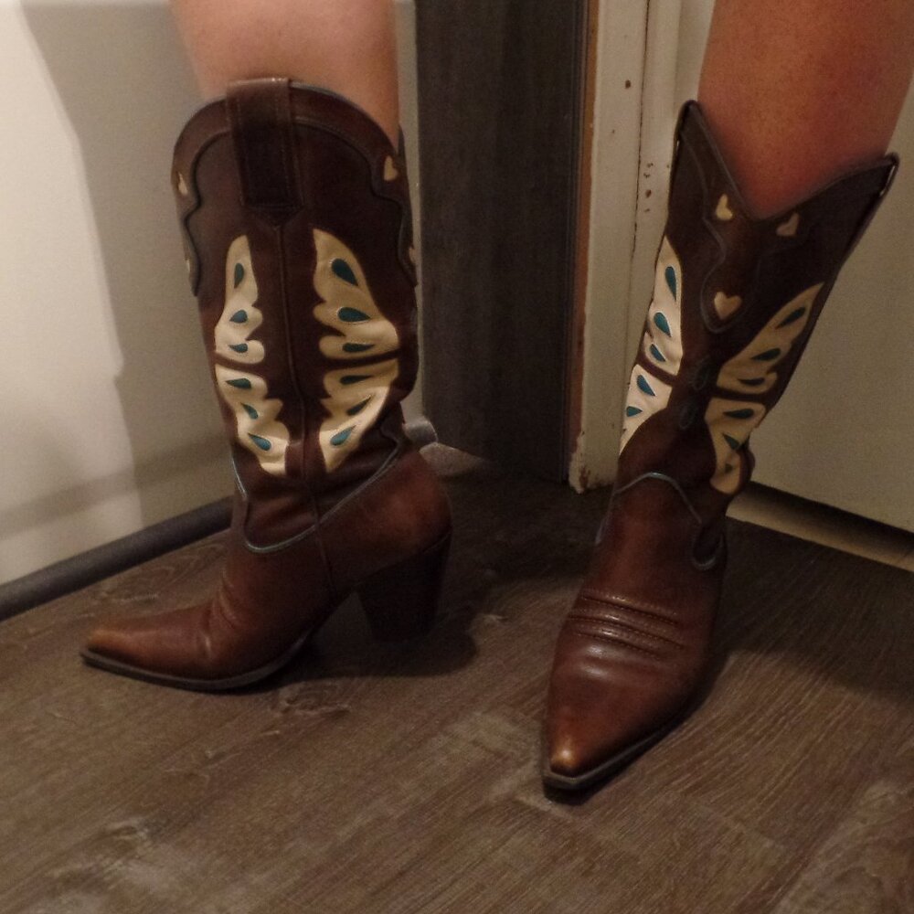 Vtg 90s Nine West Butterfly Hearts Boots Western Style Pointy Toe Cowgirl Sz 7.5